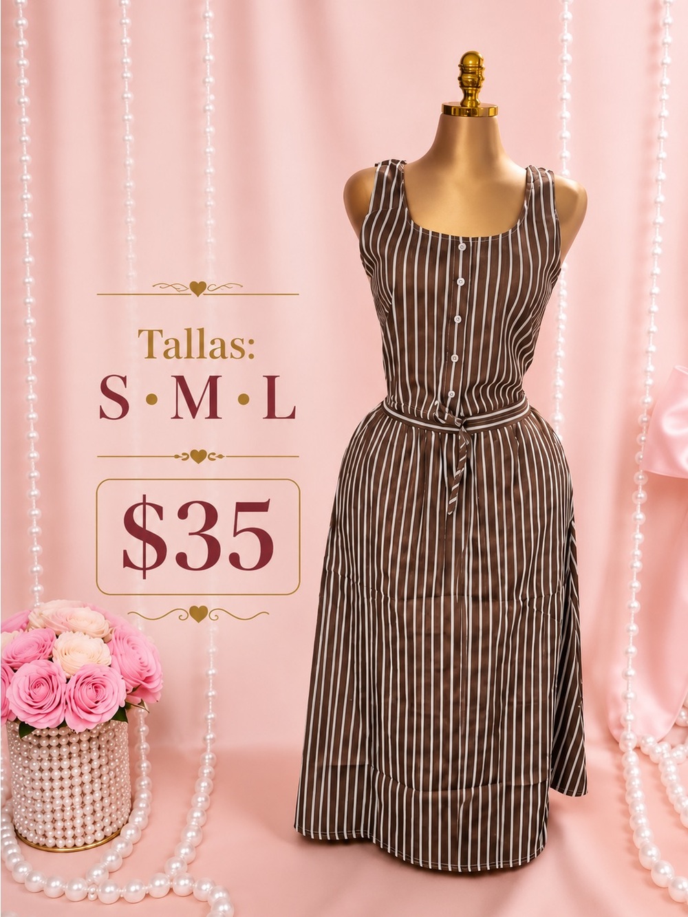 Sleeveless Brown Striped Belted Dress S/M/L